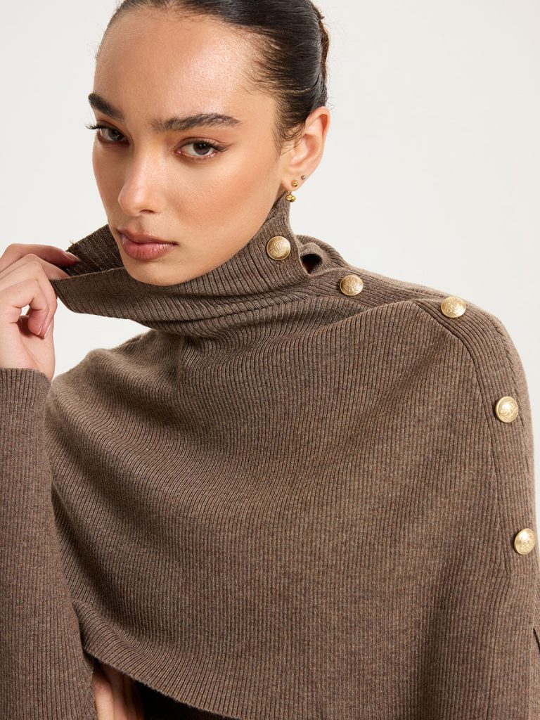 ribbed knit top & turtleneck shawl two piece set