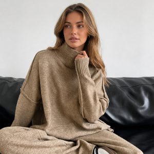plain turtleneck knit pants set