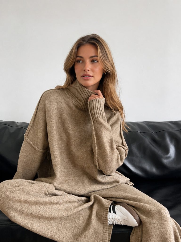plain turtleneck knit pants set