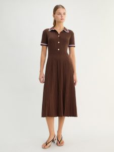 Pleated Polo Dress - Brown
