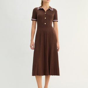 Pleated Polo Dress - Brown