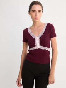 Lace Trim Detailed Ribbed Knit Top - Burgundy