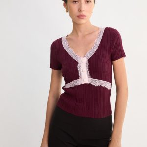 Lace Trim Detailed Ribbed Knit Top - Burgundy