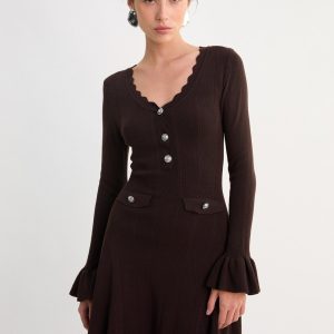 Scallop Neck Knitted Mini Dress - Brown