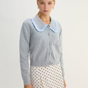 Contrast Trim Collar Cardigan - Grey