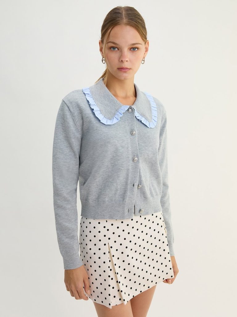 Contrast Trim Collar Cardigan - Grey
