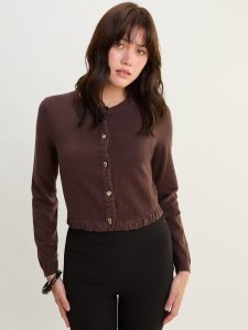 Ruffle Trim Cropped Cardigan - Brown