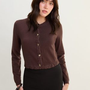 Ruffle Trim Cropped Cardigan - Brown