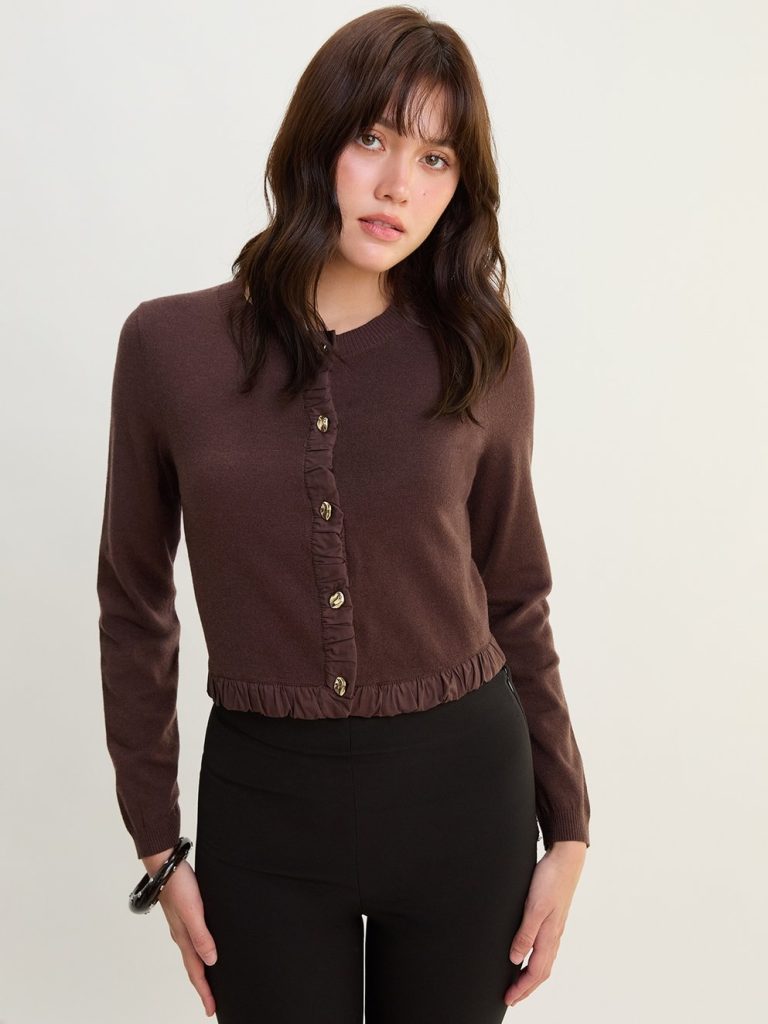 Ruffle Trim Cropped Cardigan - Brown