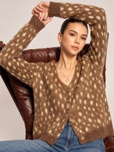 V Neck Spotted Fluffy Knit Cardigan