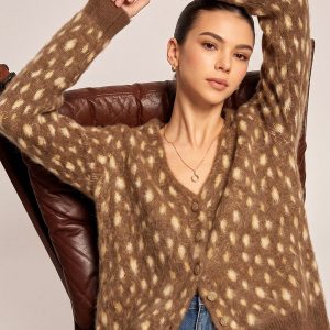 V Neck Spotted Fluffy Knit Cardigan