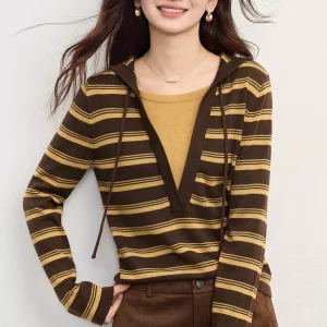 Women's Hooded Color‑Block Striped Long‑Sleeve Knit SweaterWomen's Hooded Color‑Block Striped Long‑Sleeve Knit Sweater