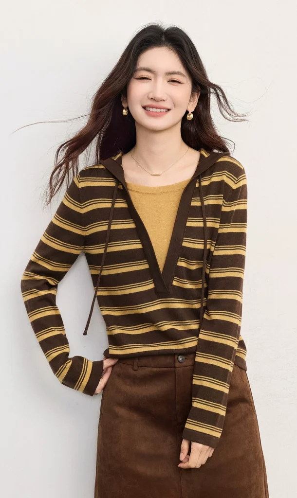 Women's Hooded Color‑Block Striped Long‑Sleeve Knit SweaterWomen's Hooded Color‑Block Striped Long‑Sleeve Knit Sweater