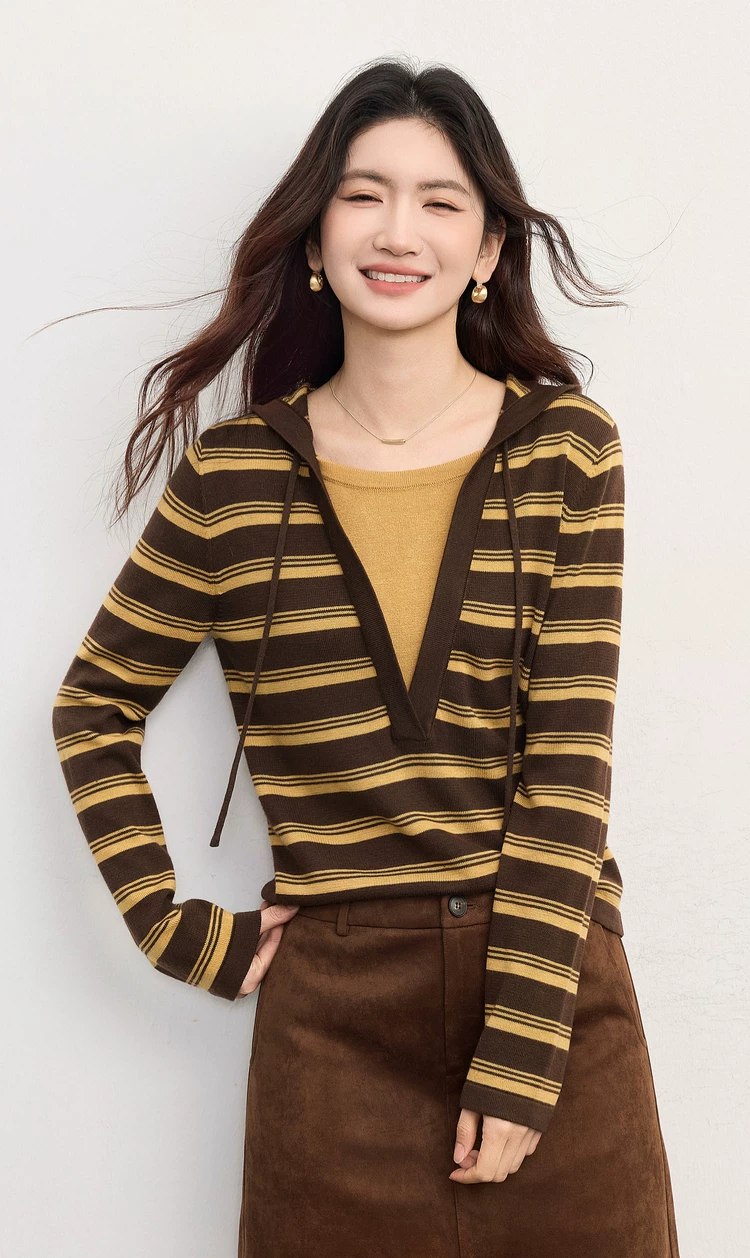 Women's Hooded Color‑Block Striped Long‑Sleeve Knit Sweater Women's Hooded Color‑Block Striped Long‑Sleeve Knit SweaterWomen's Hooded Color‑Block Striped Long‑Sleeve Knit Sweater