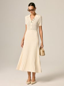 Polo Collar Hollow Knit Pleated Maxi Dress