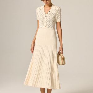 Polo Collar Hollow Knit Pleated Maxi Dress