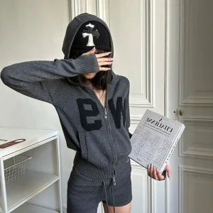 Y2K Hooded Knit Jacket & Shorts Two‑Piece Set