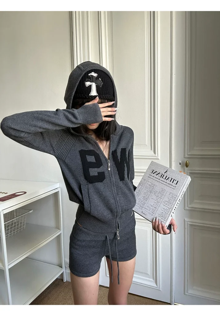 Y2K Hooded Knit Jacket & Shorts Two‑Piece Set