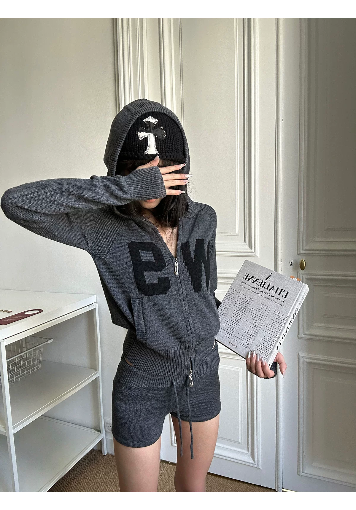 1 Y2K Hooded Knit Jacket & Shorts Two‑Piece Set