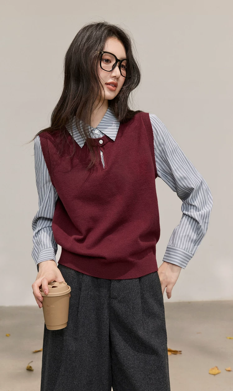 Vintage Stripe Shirt Layered Look Lapel Spliced Mock Two‑Piece Knit Sweater Vintage Stripe Shirt Layered Look Lapel Spliced Mock Two‑Piece Knit Sweater