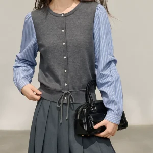 Mock Two‑Piece Striped Spliced Crew Neck Long‑Sleeve TopMock Two‑Piece Striped Spliced Crew Neck Long‑Sleeve Top