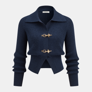 Collared Metal Buckle Ribbed Cropped Sweater