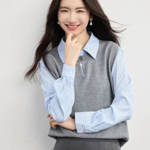 Vintage Stripe Shirt Layered Look Lapel Spliced Mock Two‑Piece Knit Sweater
