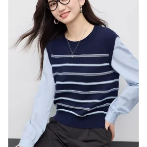 Mock Two‑Piece Striped Spliced Long‑Sleeve Knit Sweater